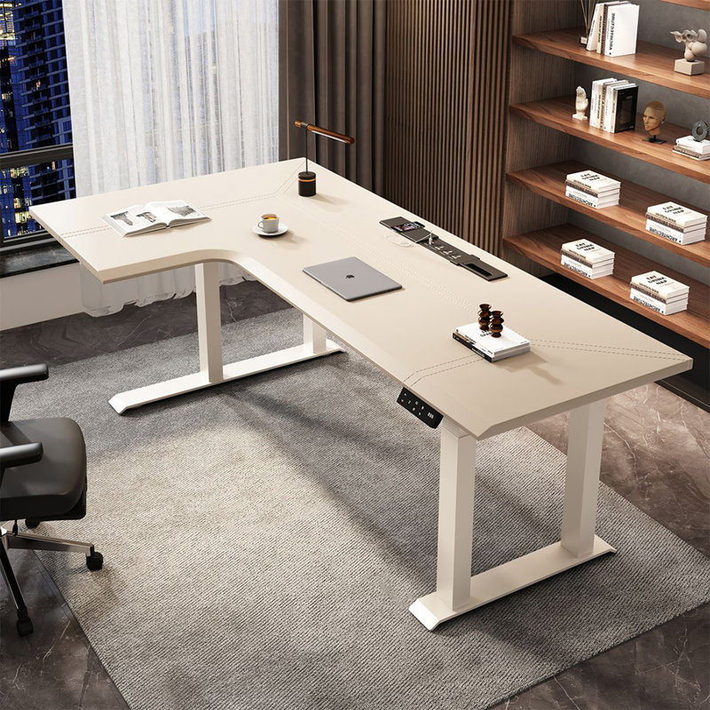 Bureau rectangulaire en bois manufacturé kaki + acier Barenia +, Retour à gauche, 46.46" H x 55.12" W x 43.31" D