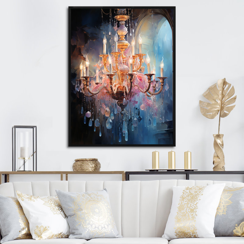 «Chandelier Glimmering Symphony Pointillism II», reproduction sur toile, H 32 po x l 16 po x P 1 po, Cadre flottant noir