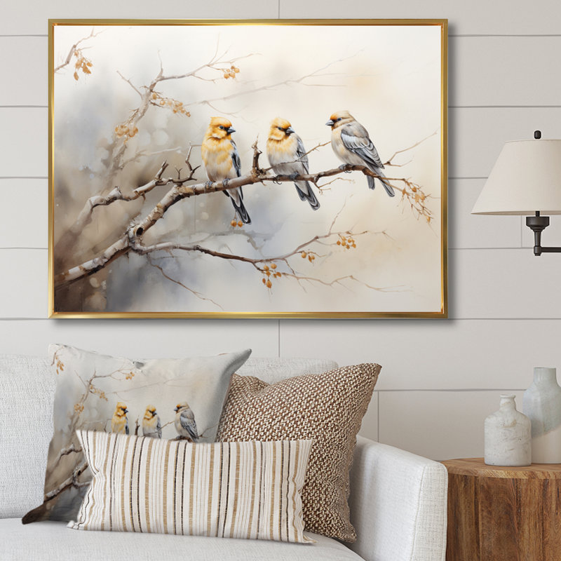 «Bird Silent Watcher VI» - art mural oiseau, H 16 po x l 32 po x P 1 po, Cadre flottant doré
