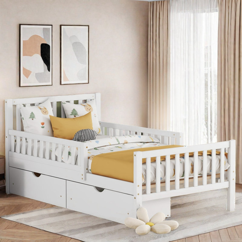 Lit plateforme avec garde-corps des deux côtés et deux tiroirs de rangement, Lit simple, Blanc