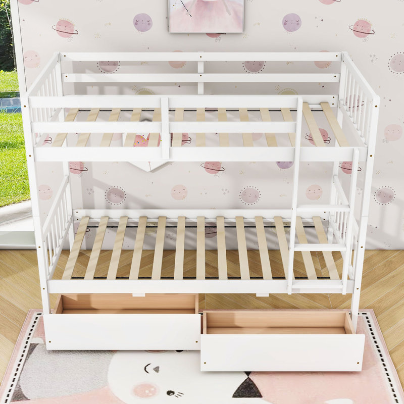 Lit superposé en bois avec 2 tiroirs, Simple sur simple, Blanc