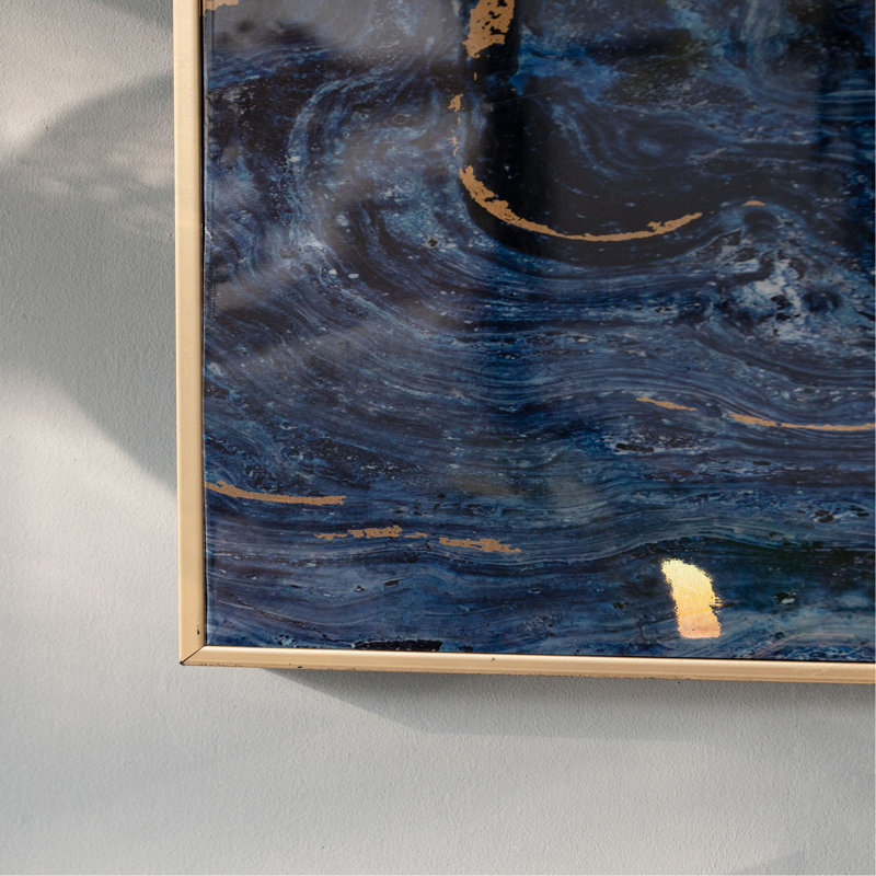 Ensemble de 2 panneaux d'art encadrés bleus et dorés, motif marbré unique, 30,5 po x 40 po