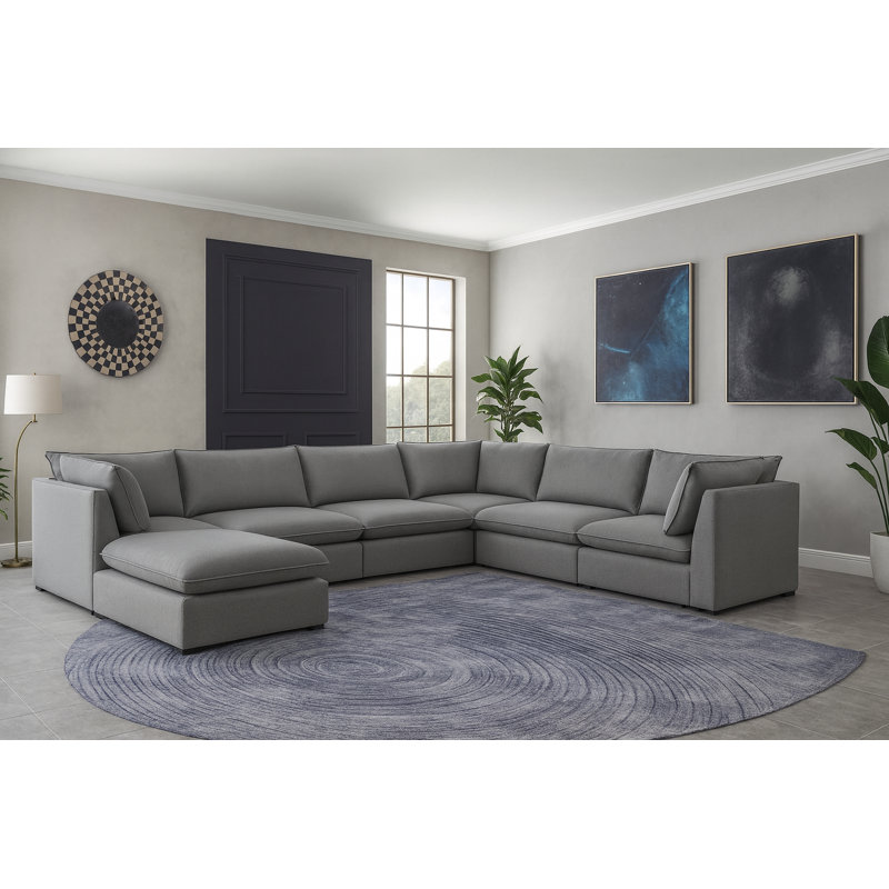 Tupman Upholstered U-Shaped Sectional Reversible, Grey Linen Textured Fabric