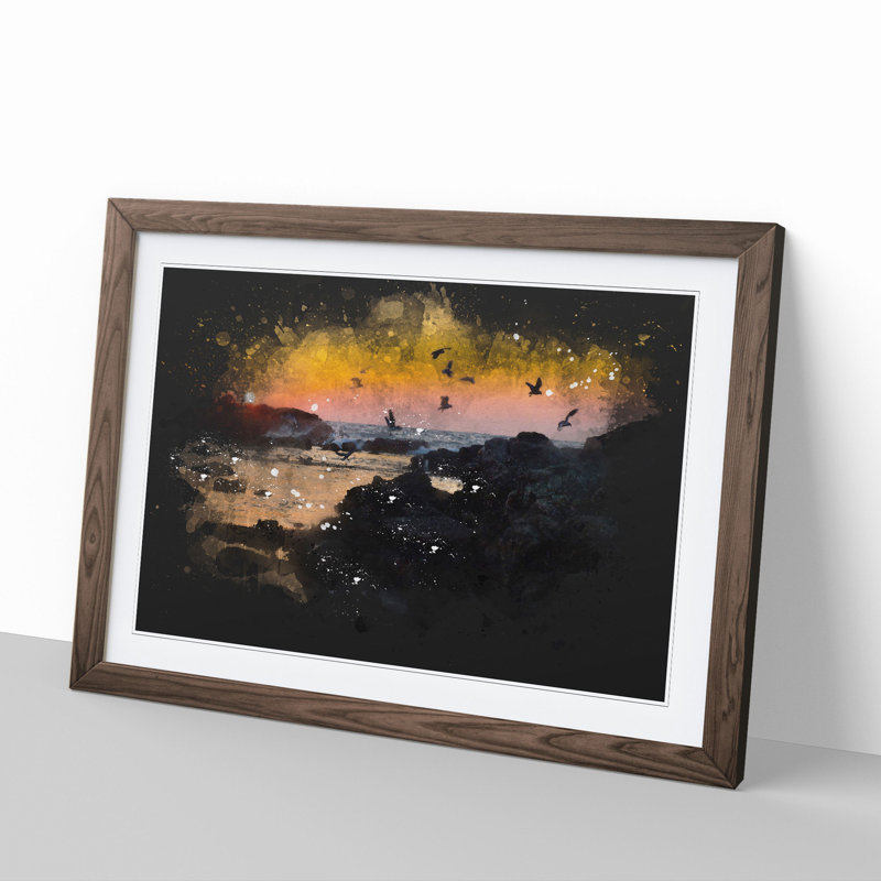 Sunset at the Beach in Spain Paint Splash - Picture Frame Graphic Art, 65cm H x 90cm W x 2cm D, Walnut