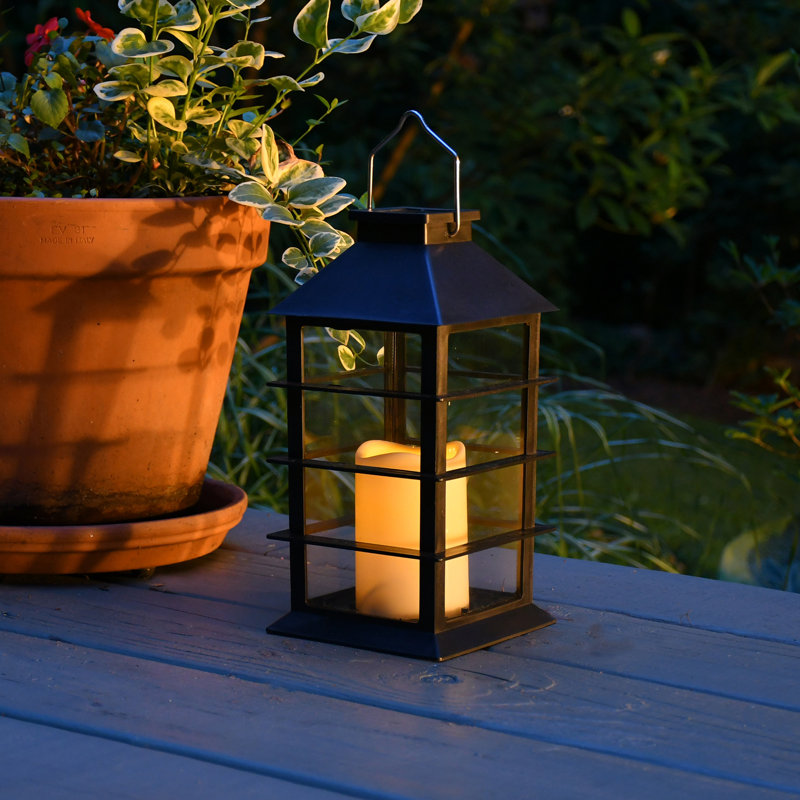 Black Solar Powered Lantern with LED Candle, 11 Inch