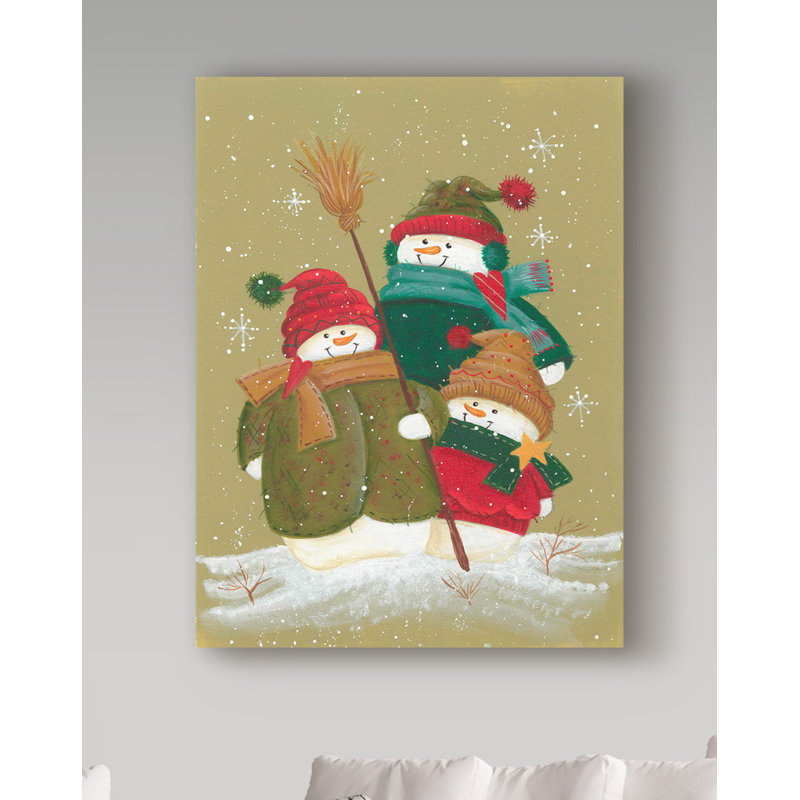 «Three Snowmen in jaquette», art sur toile, H 19 po x l 14 po x P 2 po