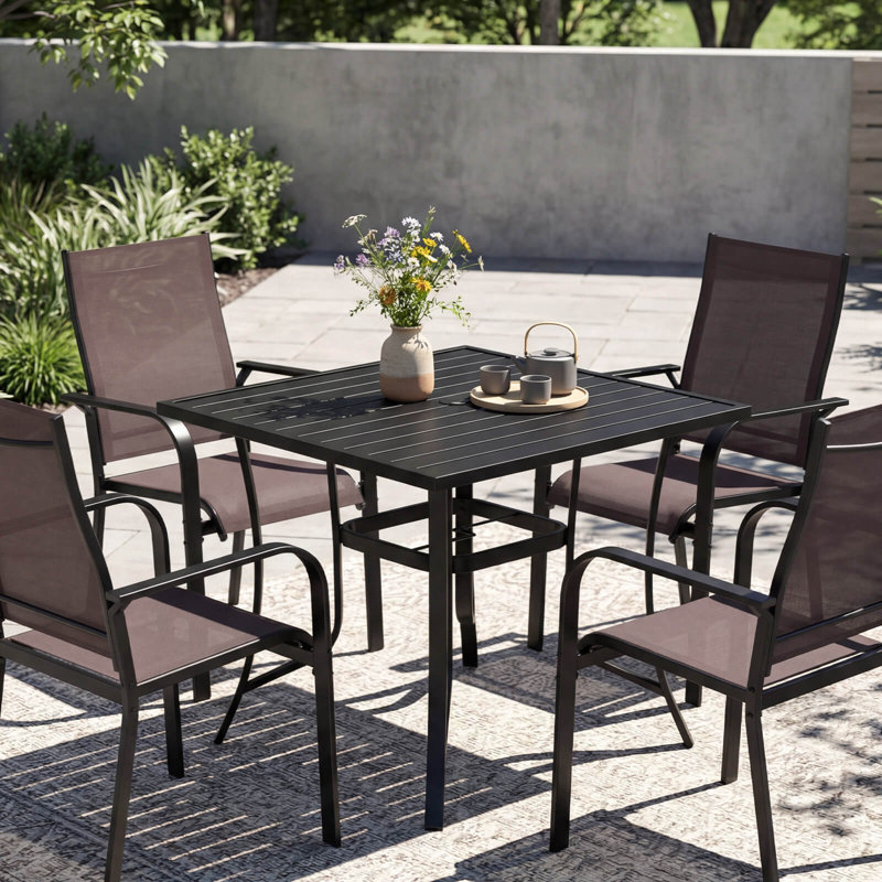 Square Patio Table for 4, Outdoor Metal Dining Table w/Umbrella Hole for Porch
