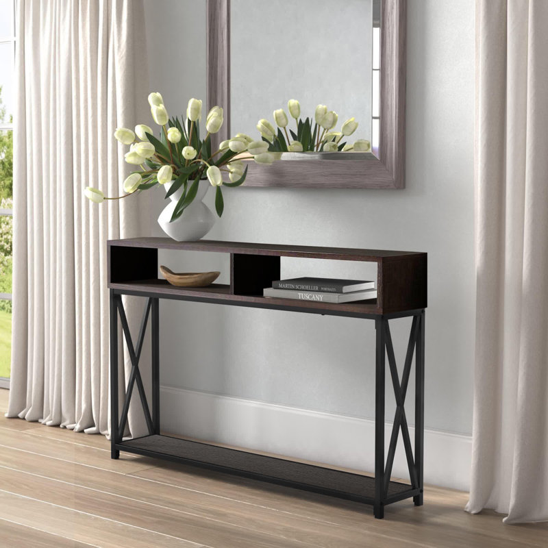 Metal X Frame Console Table with Open Shelves, Dark Brown