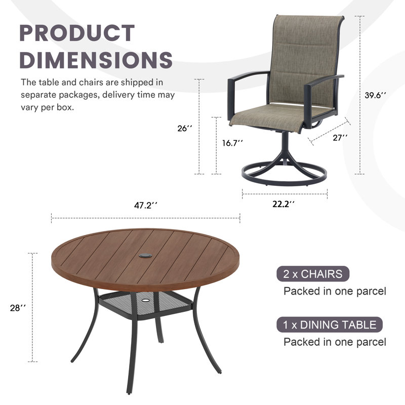 Outdoor Patio Dining Set with 6-person Round Dining Table and  Padded Swivel Chairs, Brush Wood Brown/Black