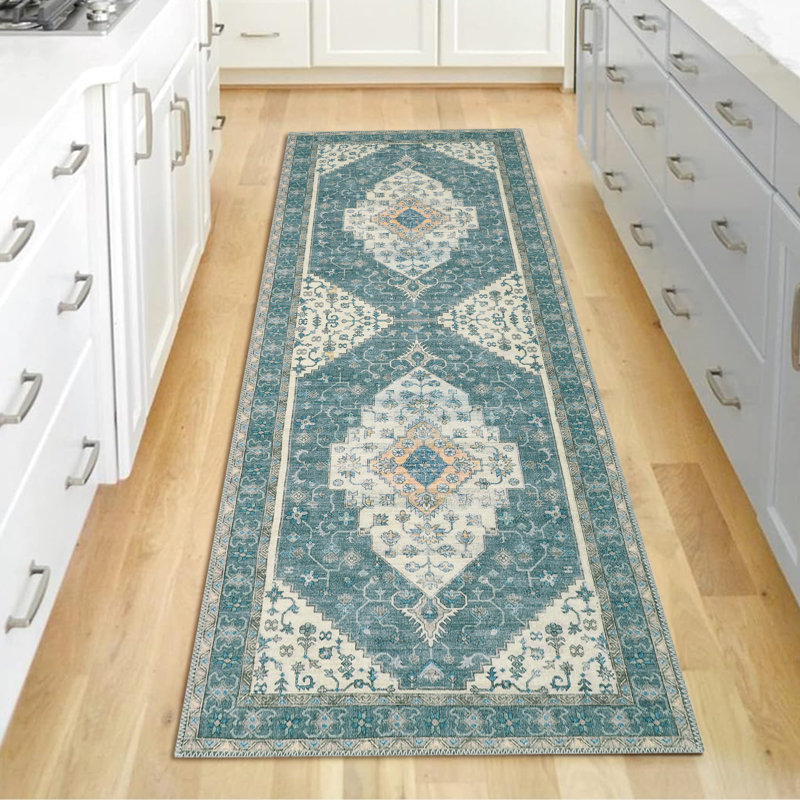 2'x6' Vintage Medallion Washable Rug, Non-Slip Low Pile Foldable Floor Mat for Hallway, Green, Runner 2' x 6'