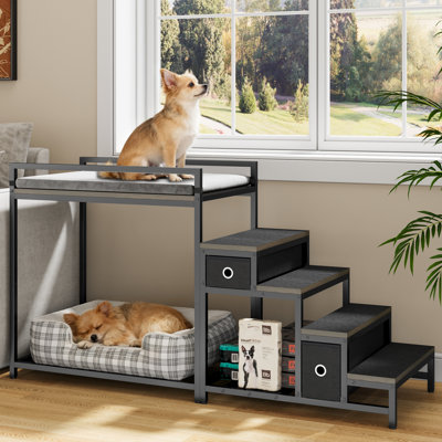 Dog Window Perch Pet Bunk Beds Bedside Lounge Multi-level Platform With Foam Upholstery, Stairs And Storage Drawers