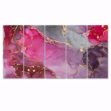 Everly Quinn Pink And Black Luxury Abstract Fluid Art III On Canvas 5  Pieces Print