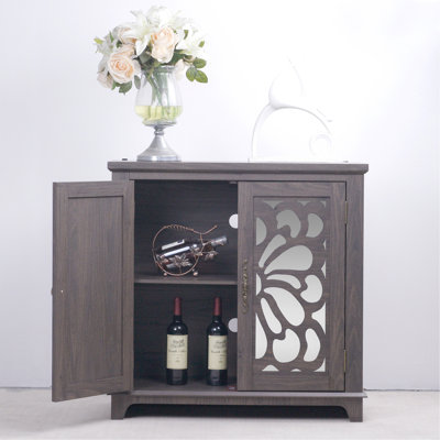 Buffet élégant avec 2 portes en miroir en acrylique et buffet avec rangement, armoire décorative creuse en stratifié brun et support en bois aggloméré, tablette spacieuse réglable, salon, cuisine