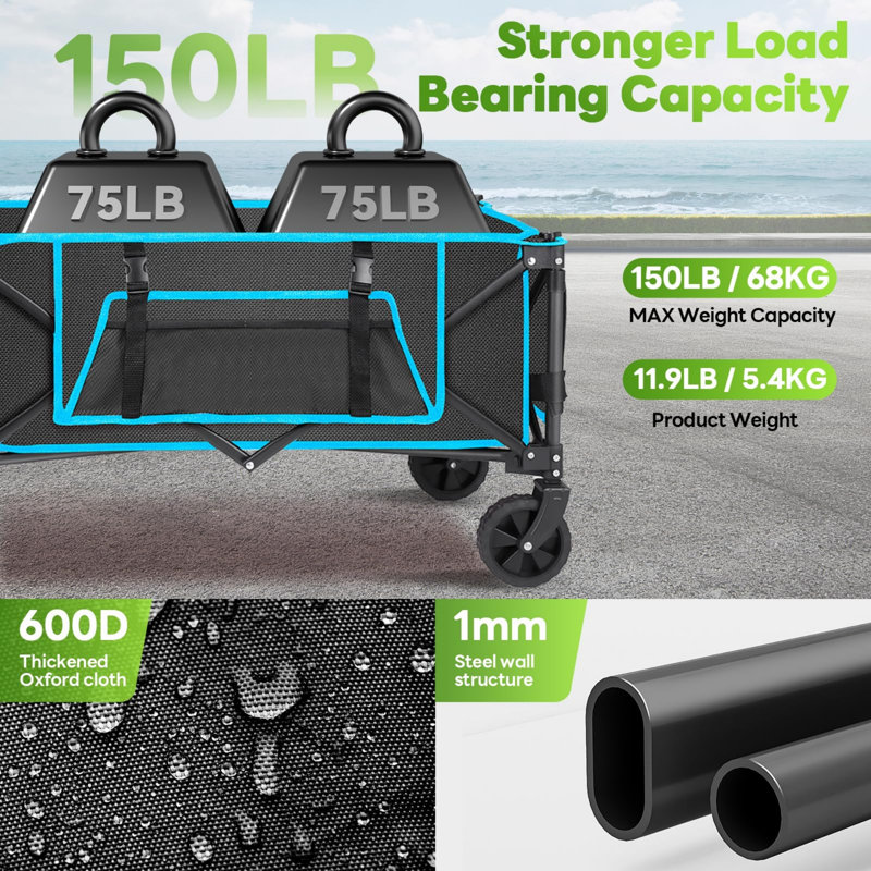 Large Capacity Folding Camping Wagon - Collapsible Outdoor Utility Cart With Adjustable Handle