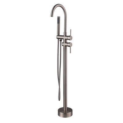Double Handle Floor Mounted Freestanding Tub Filler Faucet with Handshower
