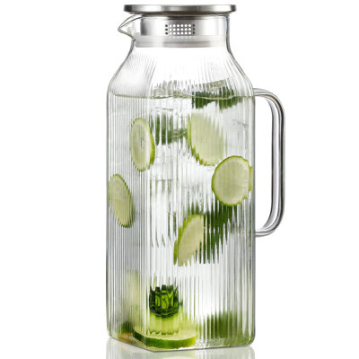 2 Liter/68 oz Square Glass Pitcher with Lid, Classic Stripes Water Pitchers with Handle for Fridge,  Gold