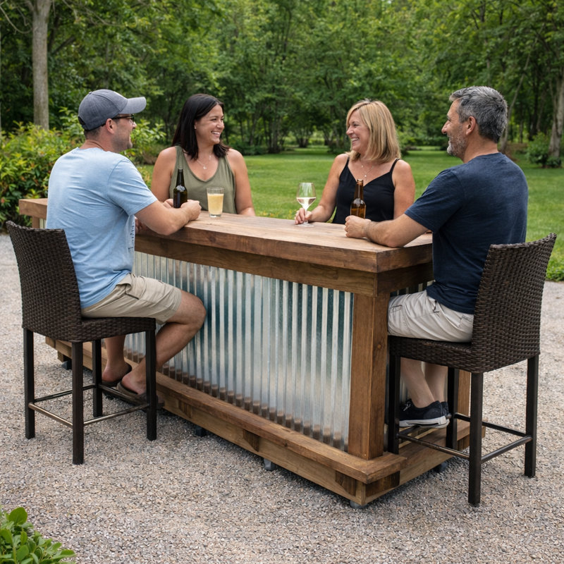 Intrepid 8x3 U-Shape Home Bar with Corrugated Metal Front, Two-Tier Bartop and Storage Shelves