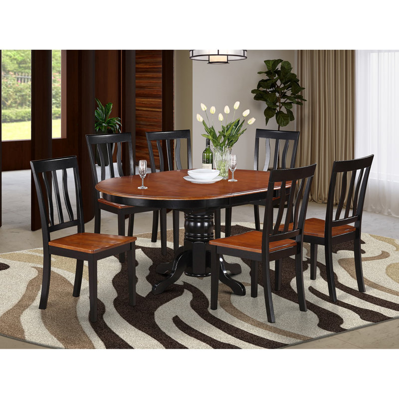 Ensemble de table de salle à manger moderne 7 pièces composé d'une table ovale en bois avec feuille papillon et de 6 chaises de salle à manger, noir et cerise