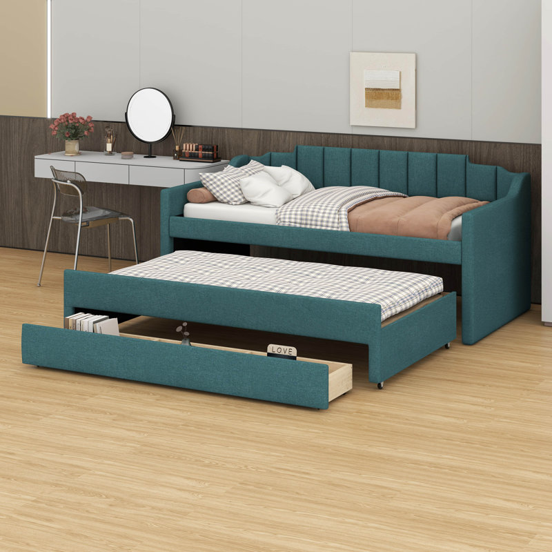 Solid Wood Twin Size Daybed With Trundle And 3 Drawers, Linen Upholstered Daybed Frame With Backrest And Armrest, Green