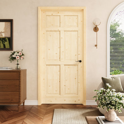 Porte pré-suspendue à 6 panneaux en bois de pin de 36 po x 80 po avec charnières noires, porte en bois de pin naturel, porte intérieure comme garde-manger, porte de chambre à coucher, porte de buanderie, portes de placard, portes de pièce, main gauche