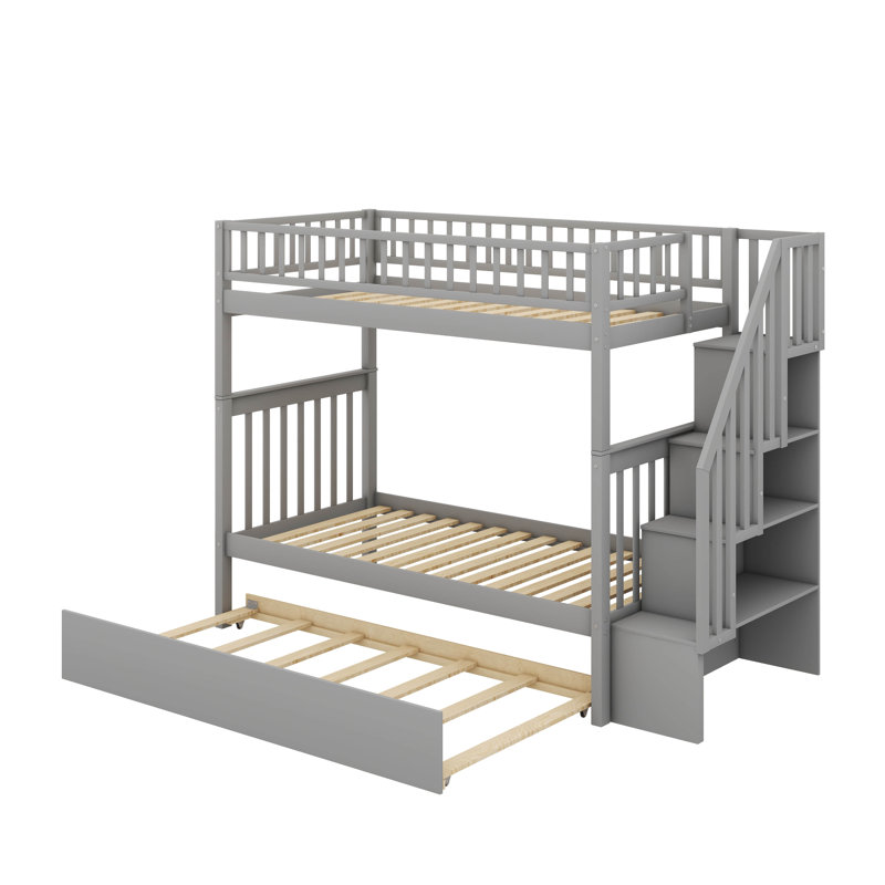 Lit superposé simple au-dessus de simple en bois massif avec rangement gigogne et structure d'escalier, Gris