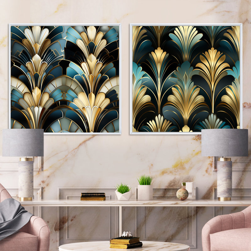 Emeraude et damas blanc art déco - ensemble de collage abstrait botanique carré de 2, Cadre flottant blanc, H 36 po x l 73 po