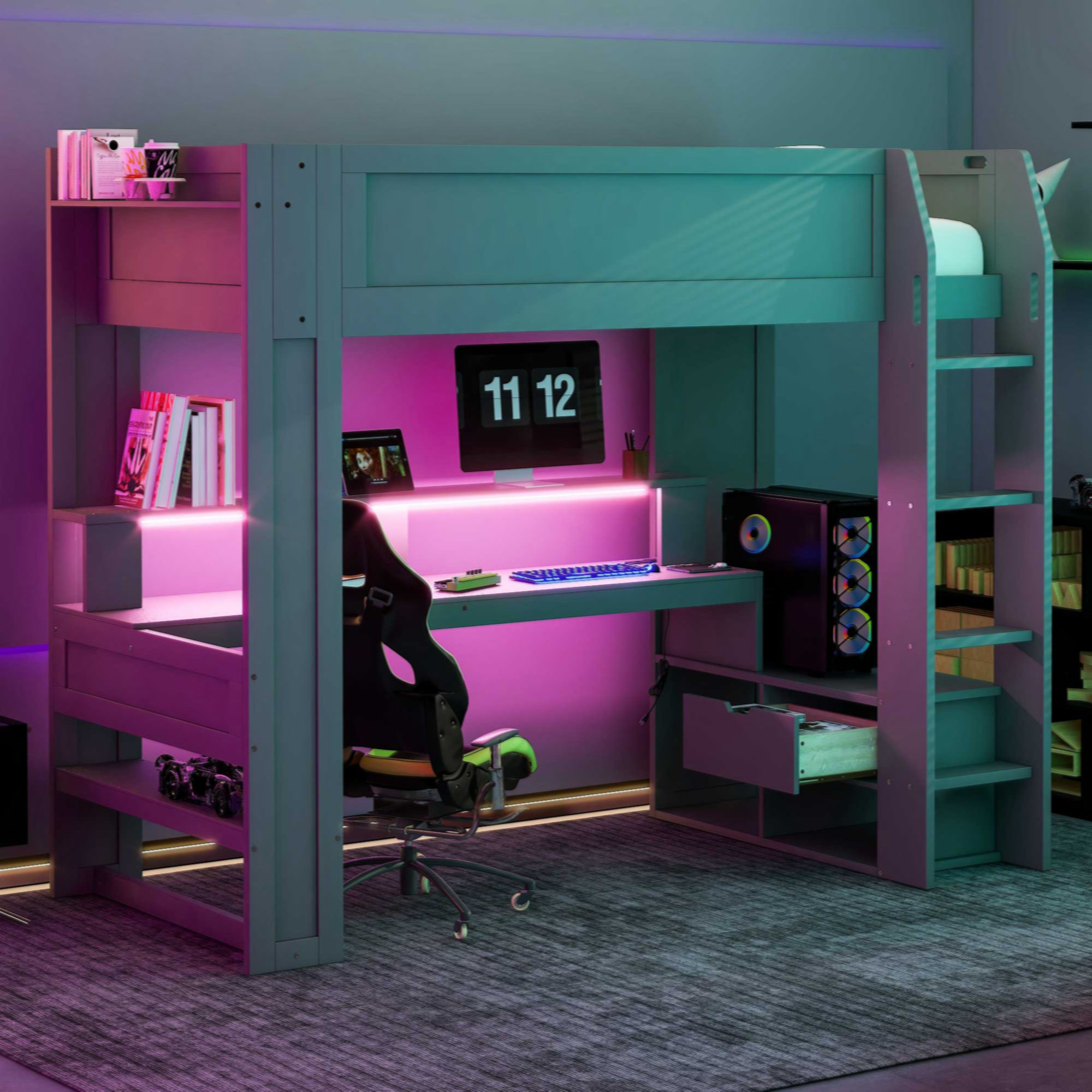 Myhomekeepers Wood Gaming Loft Bed With Desk, Multi-Storage Shelves ...