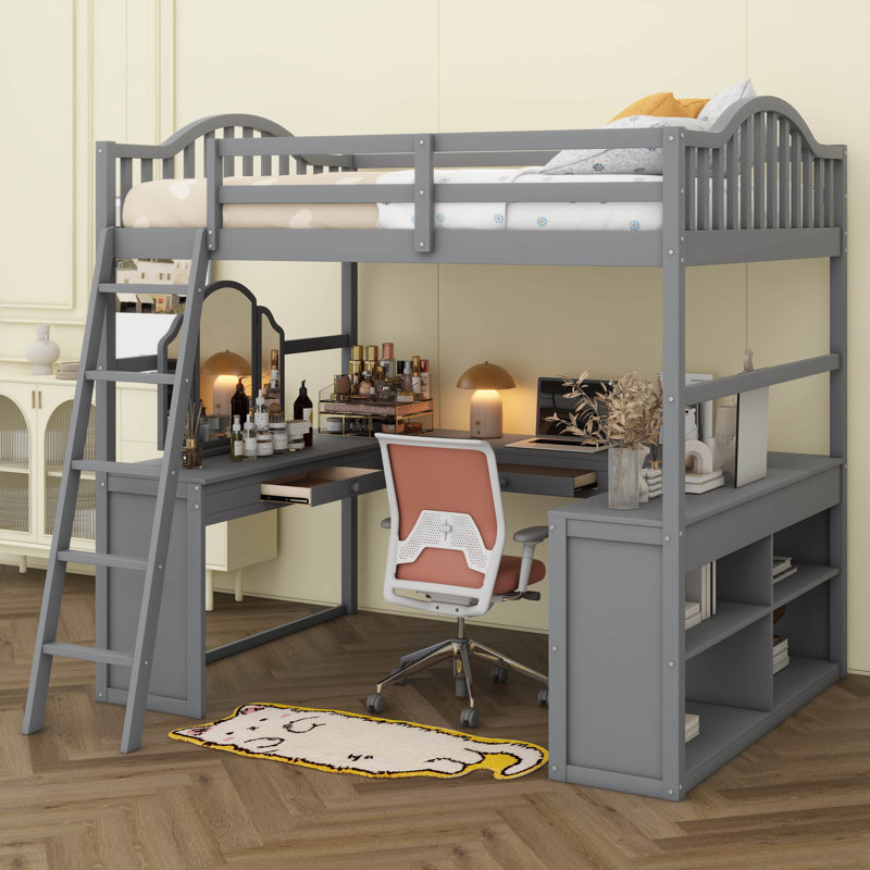 Loft Bed With U-shaped Desk, Bookcase And Mirror, Gray