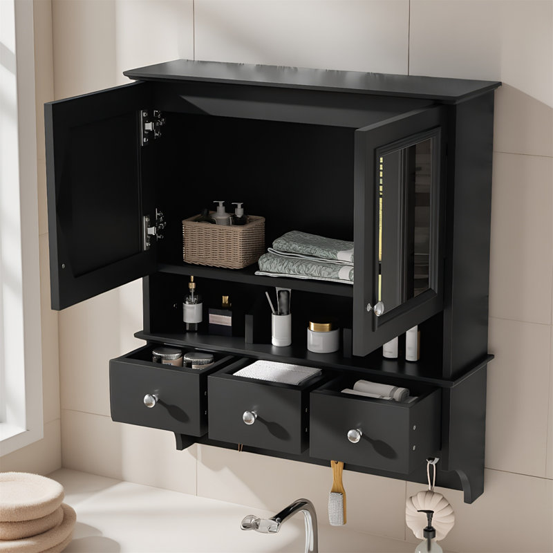 Pharmacie murale 24 pouces avec portes en miroir, tiroirs et crochets, rangement 4 en 1, noir, Noir