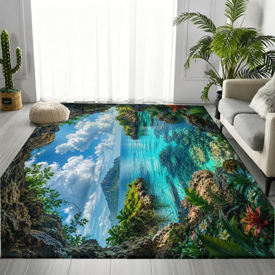 Tapis de paysage tropical avec vue sur l'océan, eau claire et motif d'îles rocheuses, paysage marin bleu vif, tapis antidérapant, décor naturel réaliste pour salon, chambre à coucher, dortoir, maison de plage