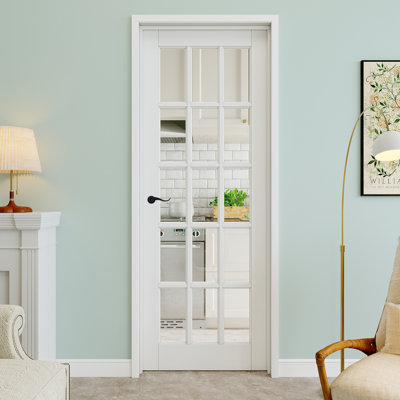 Porte pré-suspendue en verre transparent de 30 po x 80 po à 15 lumières avec levier incurvé et charnières argentées, plaque de porte en verre transparent, pouvant être peinte et imperméable, combinaison pour la lessive, portes de placard, portes de pièce, droite