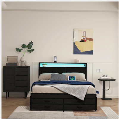 Full Size Bed Frame with 8 Storage Drawers, LED Headboard with Charging Station, Metal Platform Bed Frame, No Box Spring Needed, Noise-Free, Stable and Solid, Black