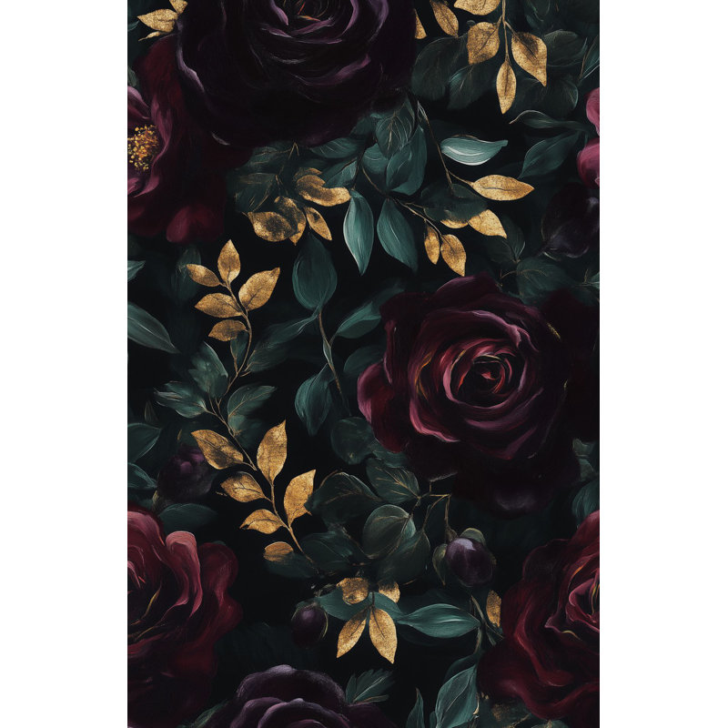 Papier peint floral foncé avec rose et feuille pelez et collez luxe décoration murale décor botanique Moody