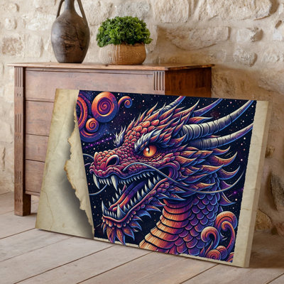 Toile, illustration de tête de dragon vibrante et complexe avec une expression d'art féroce avec des dents pointues exagérées et une impression sur toile