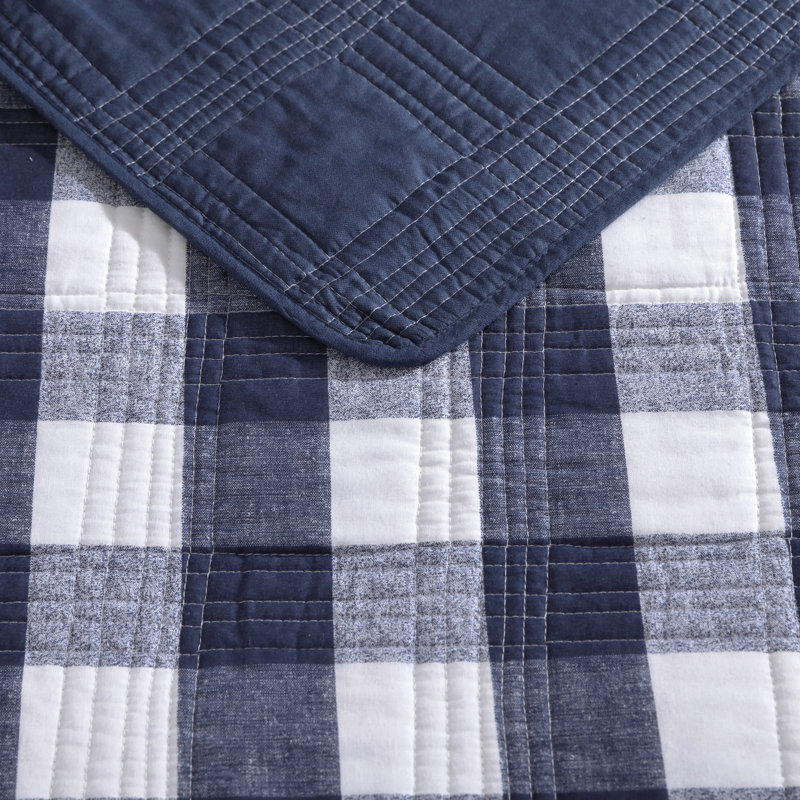 Twin White and Indigo Cotton Reversible Plaid Quilt Set