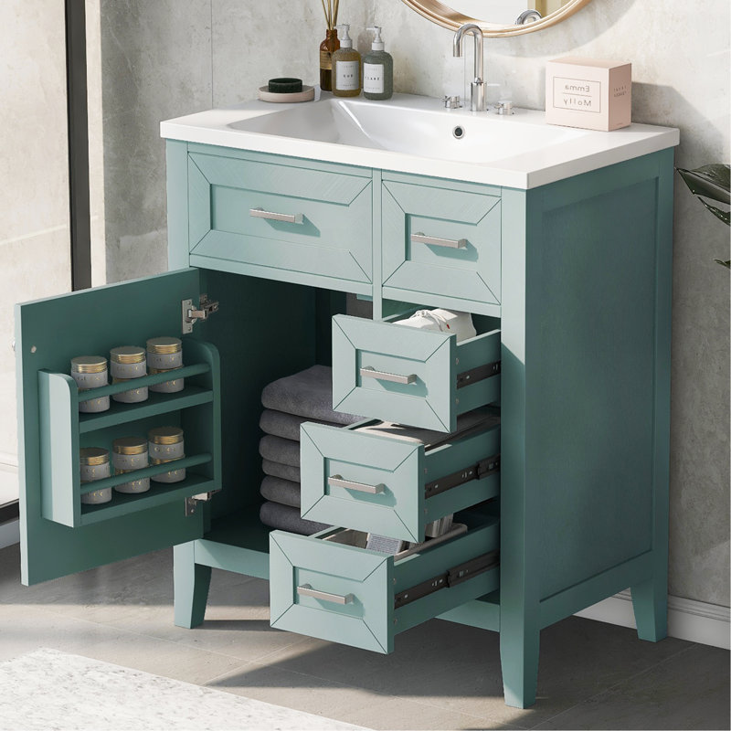 Ensemble de meuble-lavabo avec lavabo 30 po, armoire de salle de bain verte avec tiroirs, structure solide et panneau de fibres à densité moyenne