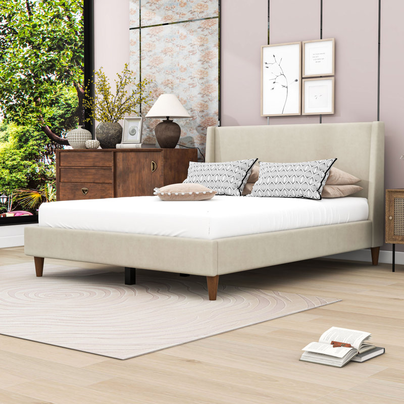 Wood Upholstered Platform Bed with Headboard, Queen