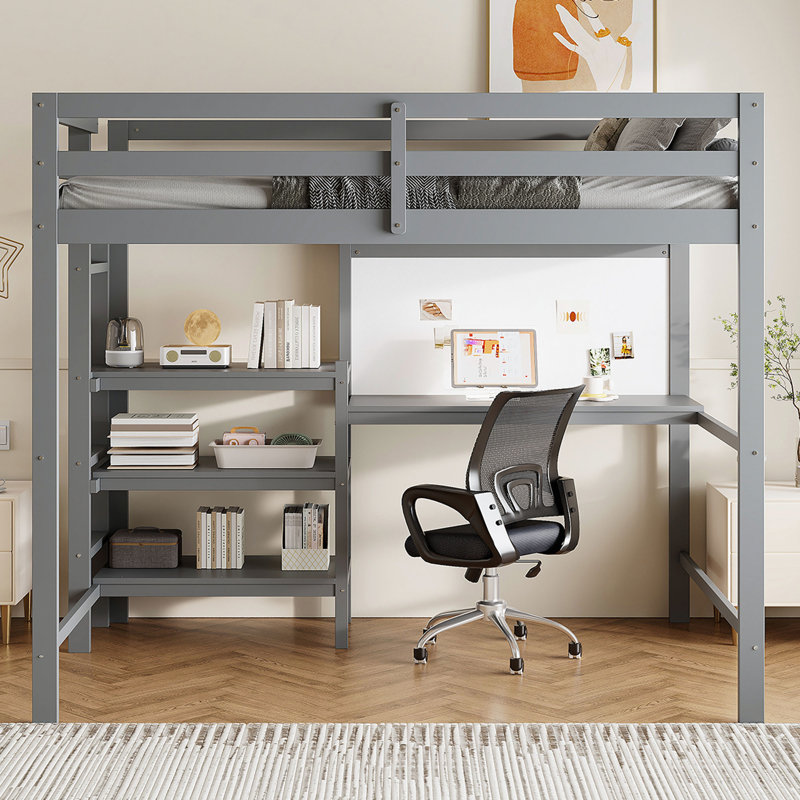 Lit mezzanine en bois avec tablettes, bureau et tableau d'écriture, Gris