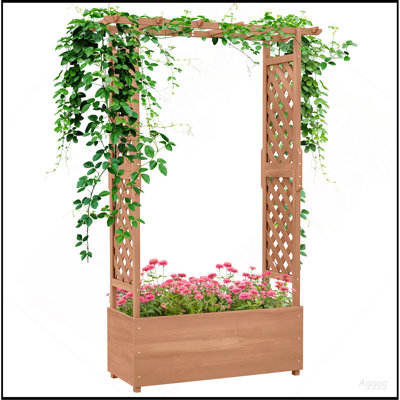 Raised Garden Bed with Arch Trellis for Vine Climbing Plants, Hanging Flowers, 70.75" Tall Outdoor Wood Planter Box with Drainage Hole & Fabric Filter for Backyard, Patio, Brown