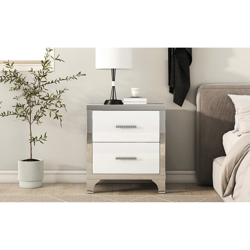 Table de chevet pour chambre à coucher à 2 tiroirs, blanc brillant, avec poignée en métal, avec tiroirs et poignées, pour le salon aussi