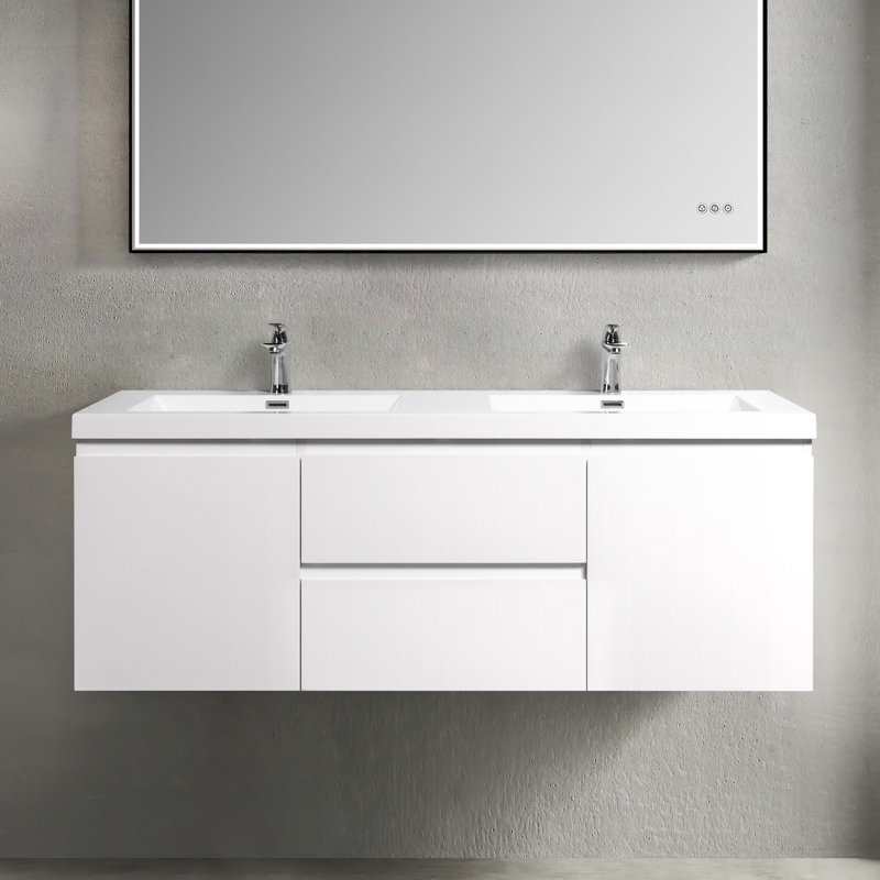 Meuble-lavabo double 59 po avec comptoir Ellswerth, Blanc lustré