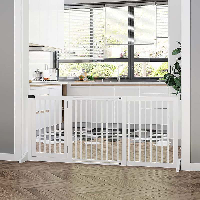 Free Standing Pet Gate With Door, Light Wood