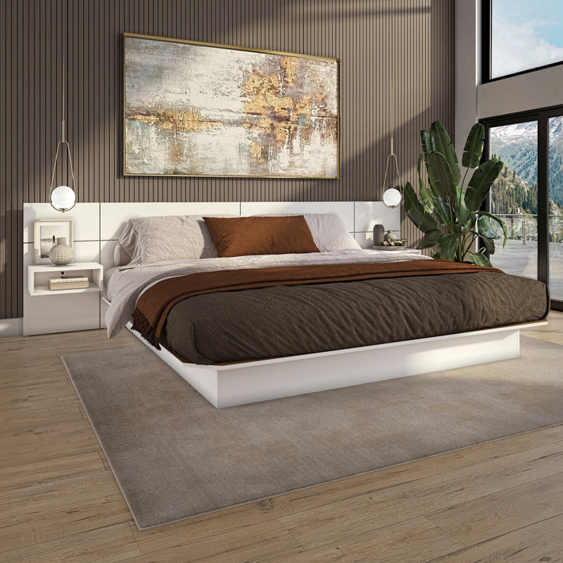 ZEN ALPHA Bedroom Platform Bed with Headboard and Wall Mounted Cube Nightstands (2) Easy Assembly No Box Spring Required