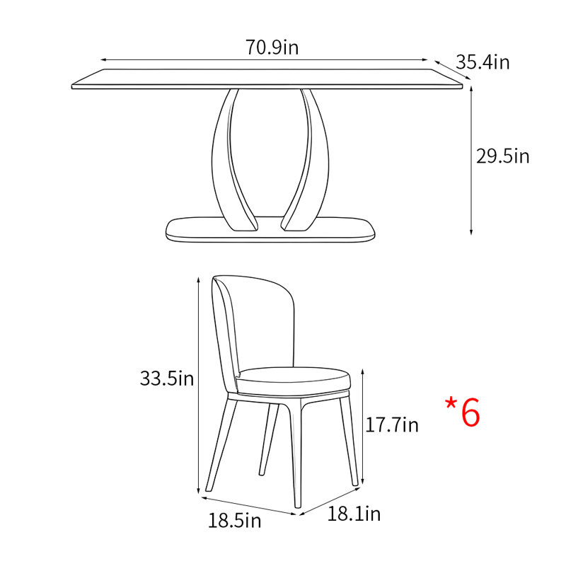 Simple Modern rectangular dining table sets., 29.5"H x 70.9"L x 35.4"W