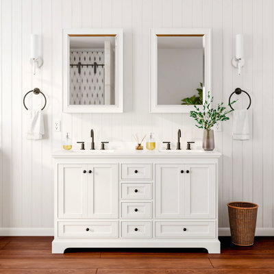 Meuble-lavabo double 60 po Deborah, comptoir en marbre de culture blanc, lavabos carrés encastrés (3 trous), garniture noir mat, armoires à pharmacie