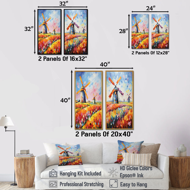 Ensemble de salon coloré avec 2 moulins à vent colorés I - Wind Turbines, Cadre flottant noir, H 40 po x l 41 po