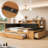 Full Size Wood Daybed with Trundle, Storage Shelves, Bench and USB Charging - Upholstered Headboard, 2 Drawers-1659060893