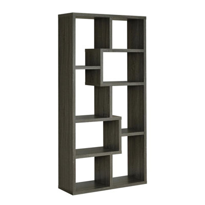 Bibliothèque rectangulaire à 10 tablettes en gris vieilli, sept espaces ouverts de différentes tailles et bibliothèque à motif géométrique gris, finition grattée, pour salle d'étude