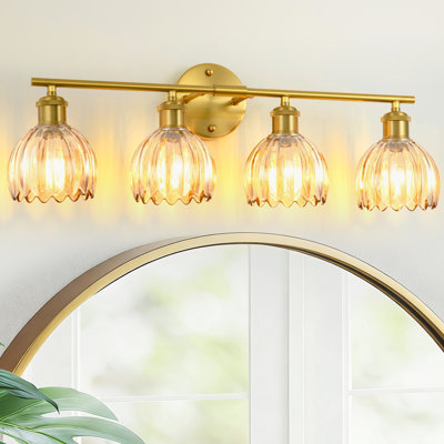 4-Light Gold Vanity Light With Amber Tulip Glass Shades, Modern Bathroom Wall Sconce Lighting Fixture For Mirror, Powder Room, Hallway