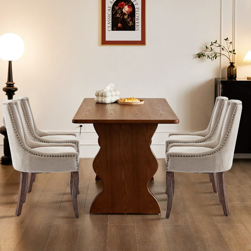 Beige Linen Upholstered Parsons Side Chairs with Nailhead Trim, Set of 4